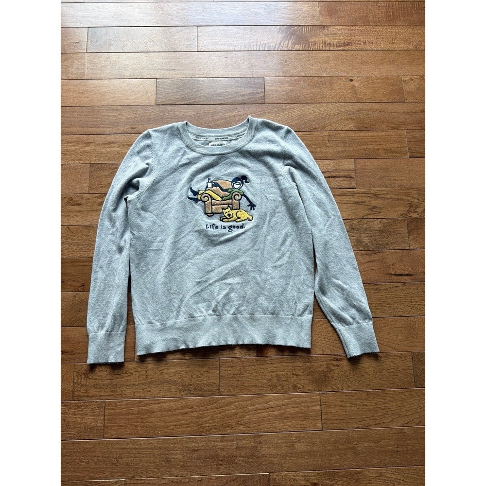 LIFE IS GOOD DOG & GIRL Knit Pullover Sweater Size Medium Gray solid Long sleeve